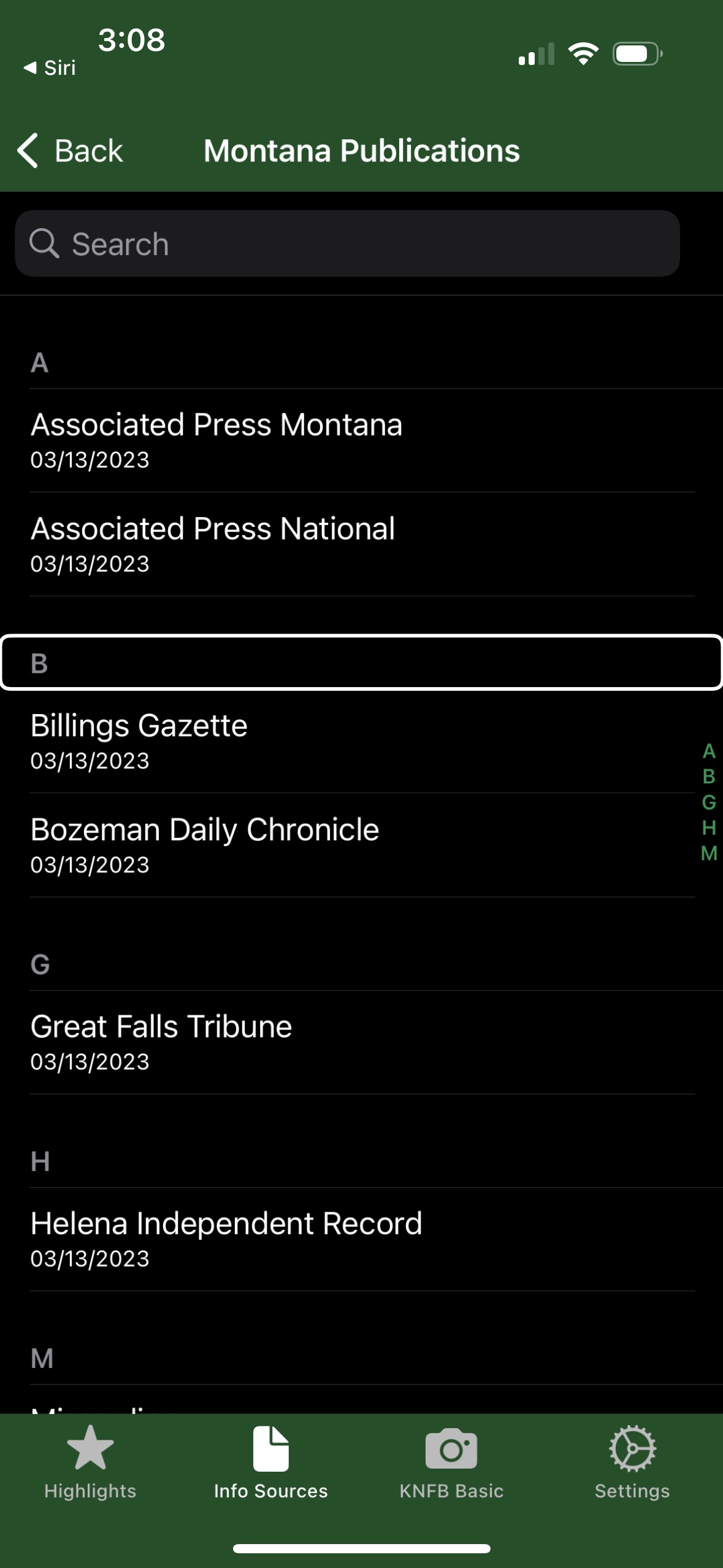Screen shot of the NFB NewsLine application, running on an iphone. The app is showing some of the Montana publications